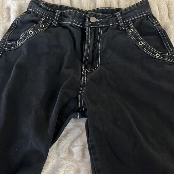Black cargo wide leg jeans 4 grommets S white top stitch high waist goth punk 💀 - Picture 3 of 9